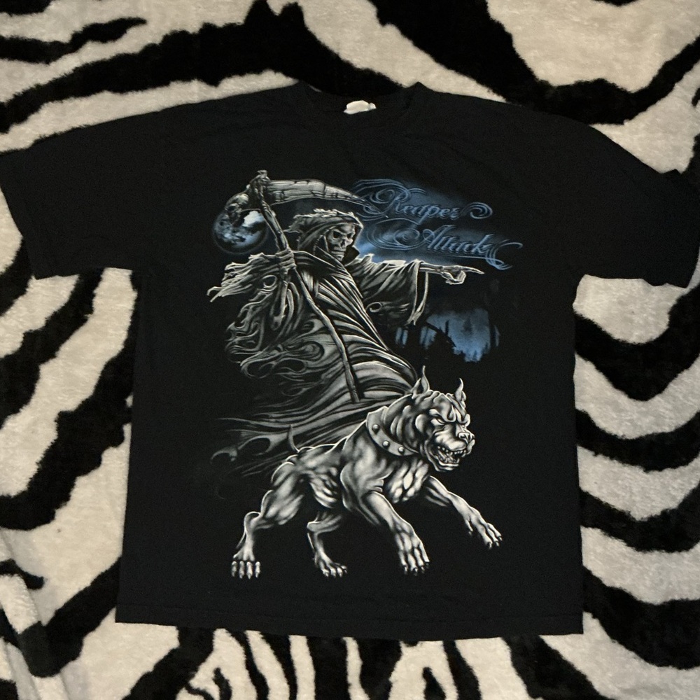 100% Cotton Airbrushed Style Grim Reaper Print Streetwear Men's XL T-Shirt